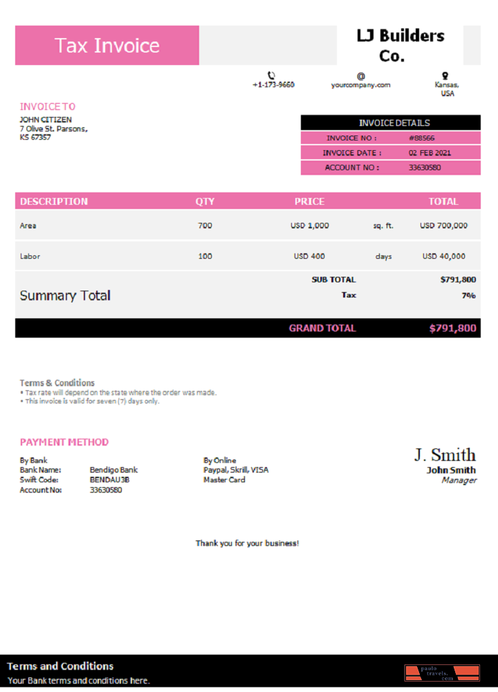 USA LJ Builders Co. invoice PSD template